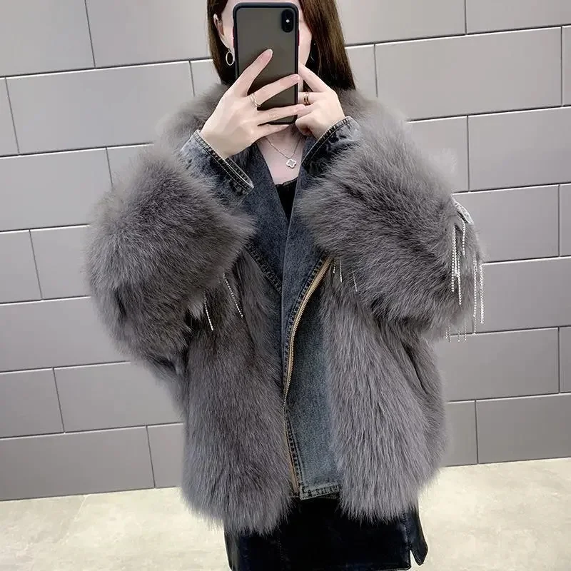 2022 Popular Autumn Winter New High-End Imitation Fox Fur Jacket Female Denim Fashion Stitching Parker Down Cotton Jacket Spring