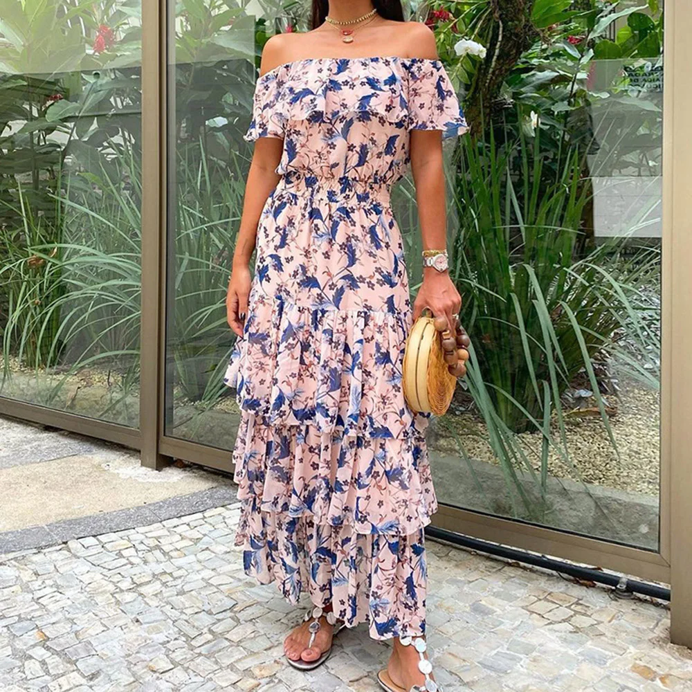 

Women Summer Off Shoulder Bohemian Layered Dresses Female Block Color Floral Printed Casual Sweet Dresses Holiday Party Fashion