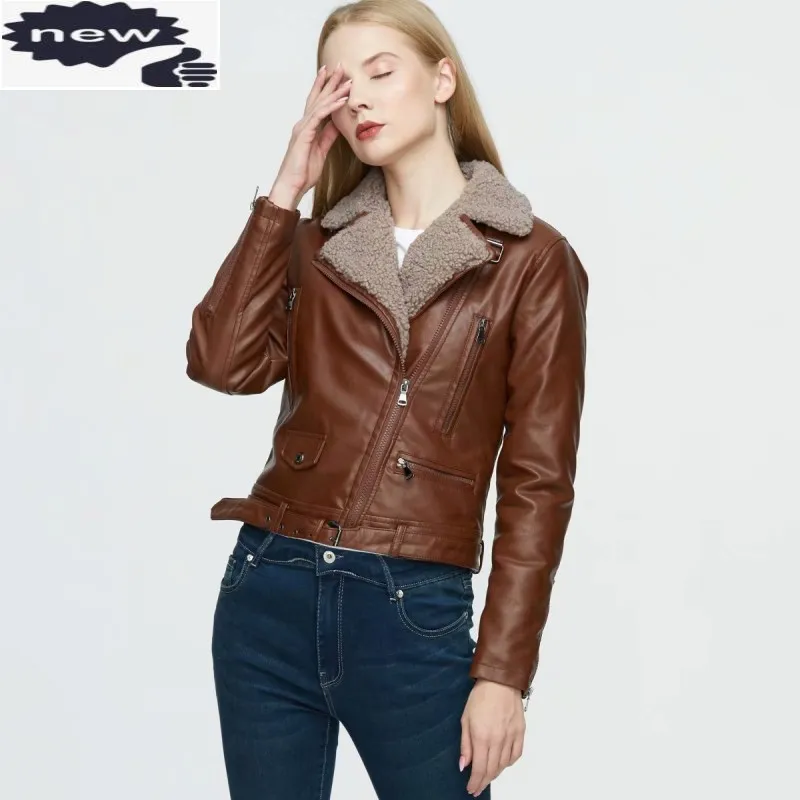 Winter Women Thick Fur Lining Pu Casual Short Belted Slim Fit Bikers Coat Lapel Collar Warm Faux Leather Jacket