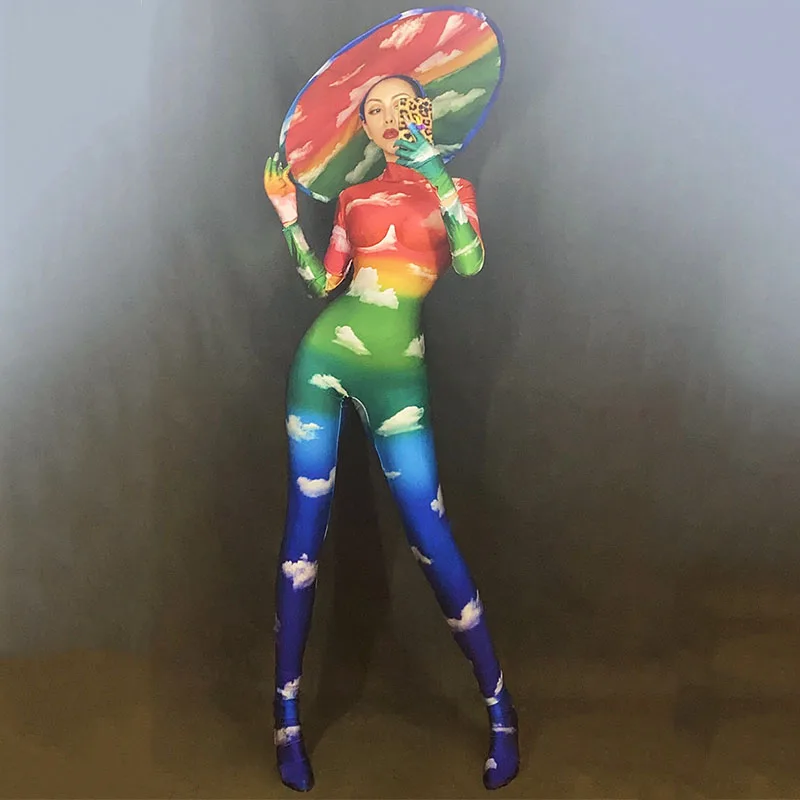 Женский эластичный комбинезон с радужным принтом большая шляпа одежда для