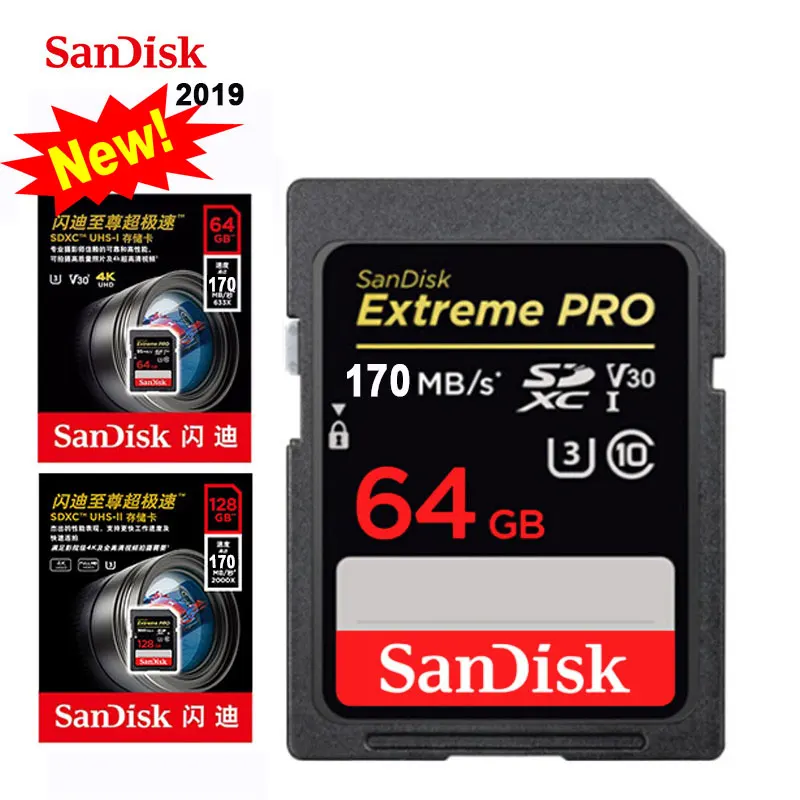 100% Original SanDisk New Extreme PRO SD Card 256gb 128GB 64GB 32gb Class 10 U3 SDXC SDHC Memory Card 170MB/s for SLR Camera