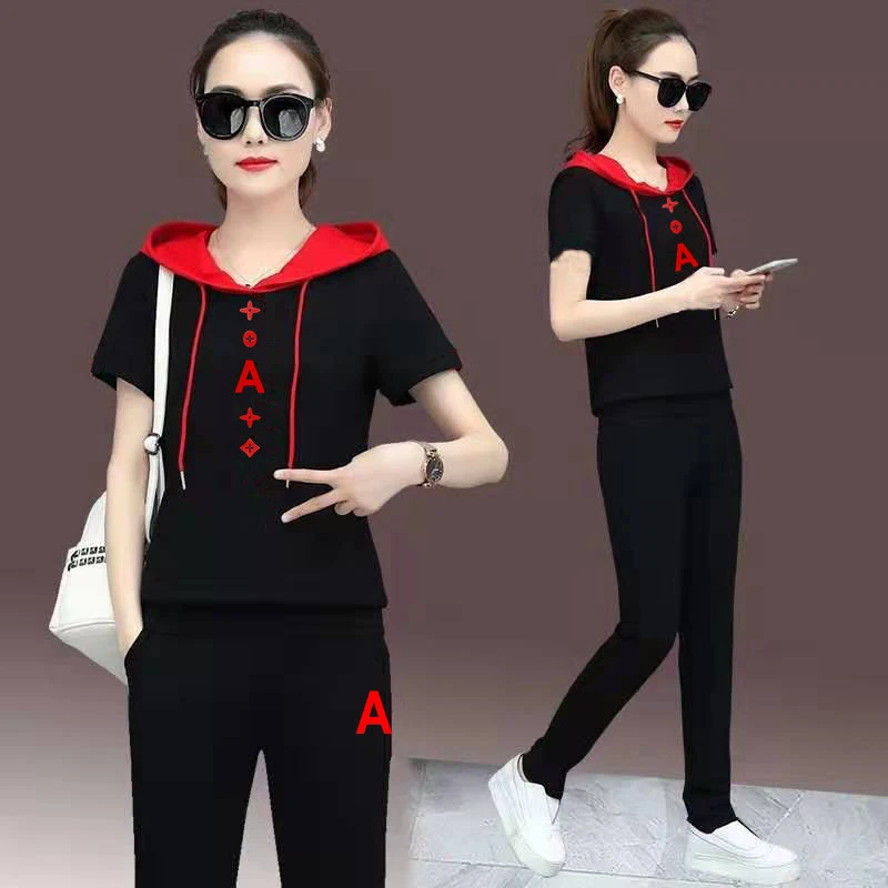 

Summer New Fashion Loose Korean Short Sleeve Hoodie Sweater Two Piece Women's Casual Clothes Red White Black Pink
