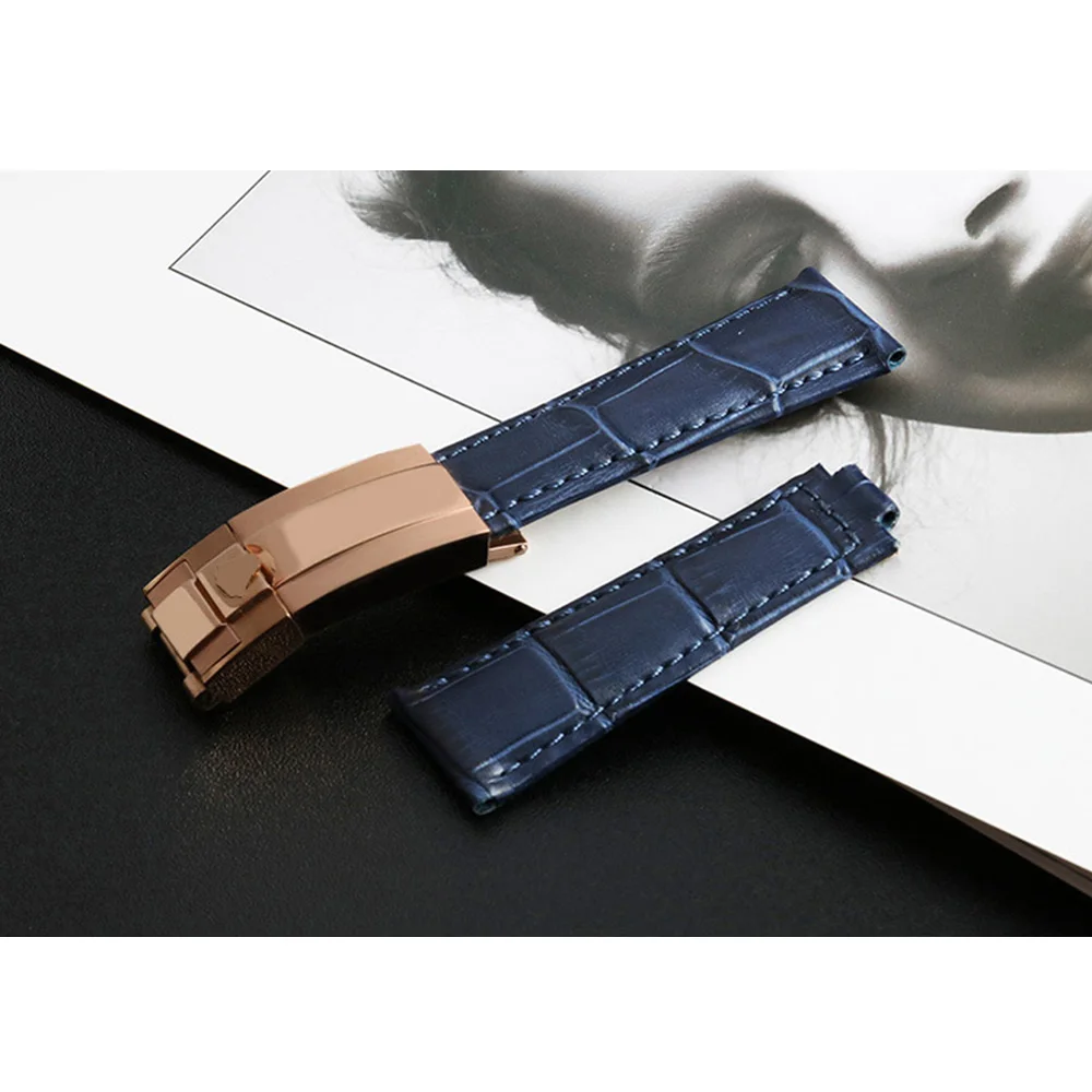 

4 Color 20mm Calf Leather Watchband For Rolex RLX Datejust Day Date Genuine Cowhide GMT Replacement Wrist Strap+Folding Buckle