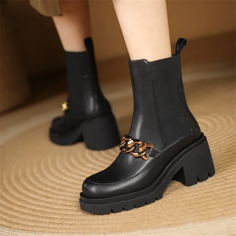 

Новые зимние женские ботинки с круглым носком на толстом каблуке средней длины женские дымчатые Ботинки Челси модные ботинки обувь на высо...