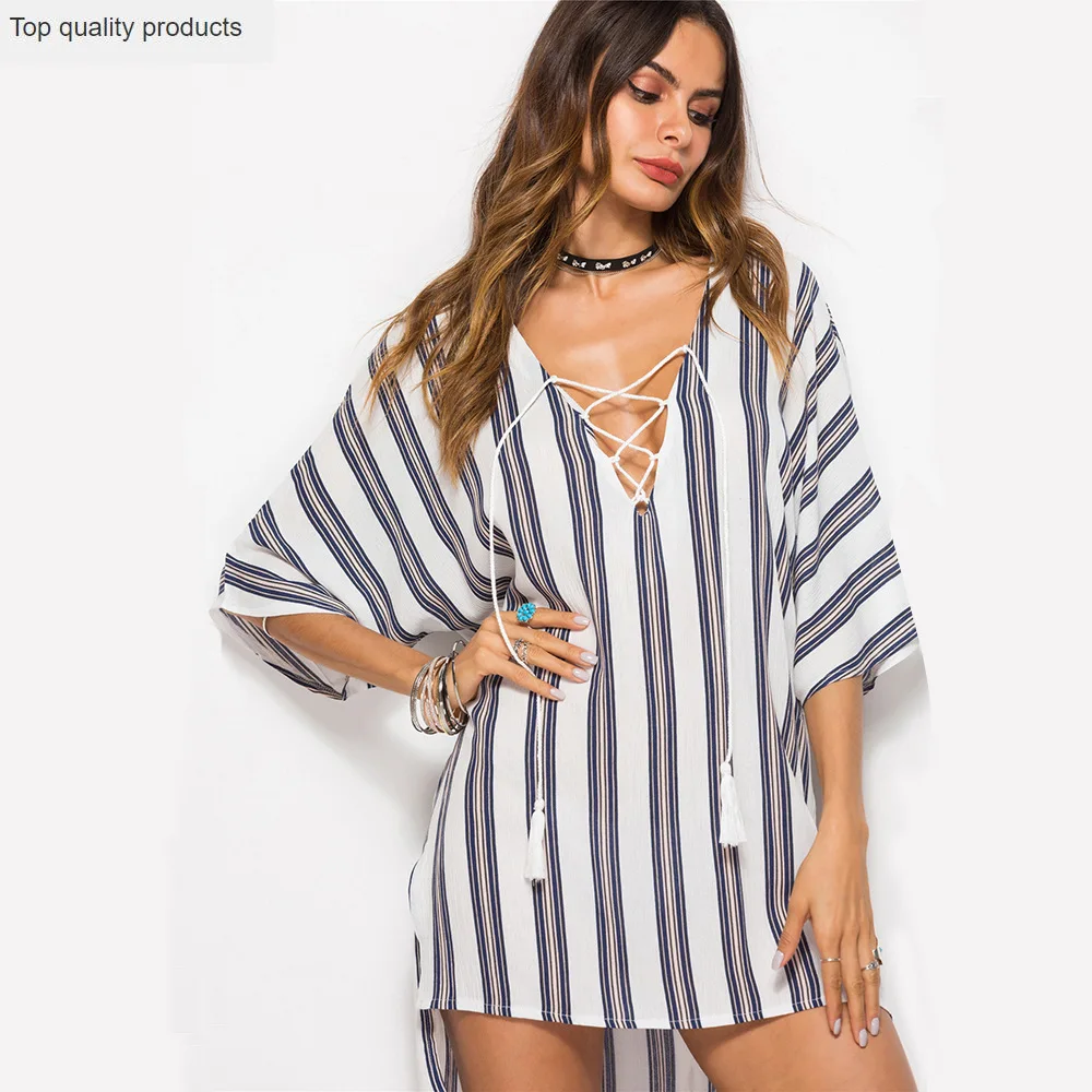 

2020 New Spring Summer Dress Fashion Trendy Casual Temperament Stripe Large Size Loose Short Sleeve V Neck Dress Women CW497