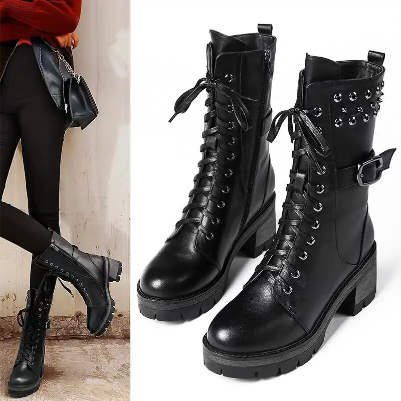 

Fall and Winter new Ladies Shoes women boots military Women's Roman Riding Cowboy Half platform Zipper Mid-Calf Boots