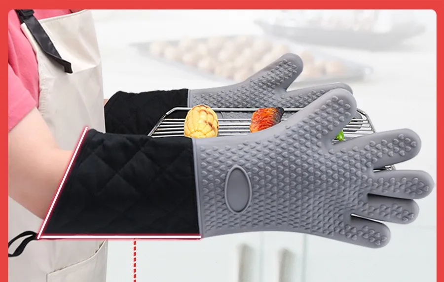 

Extended Silicone Insulation Gloves Five Finger Baking Accessories Oven Mitts Kitchen Kitchen Microwave Oven Cotton Gloves