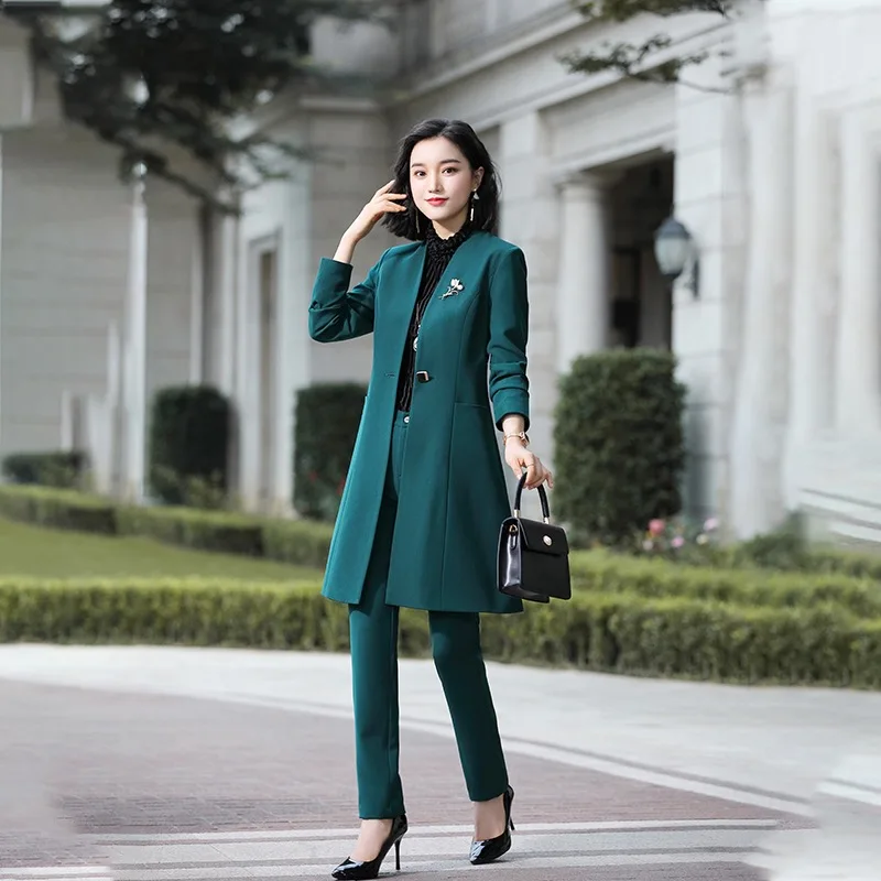 

IZICFLY New Spring Autumn Green Women Outfits Set Elegant Slim Business Office Long Blazers And Pants Suit Work Wear Windbreaker