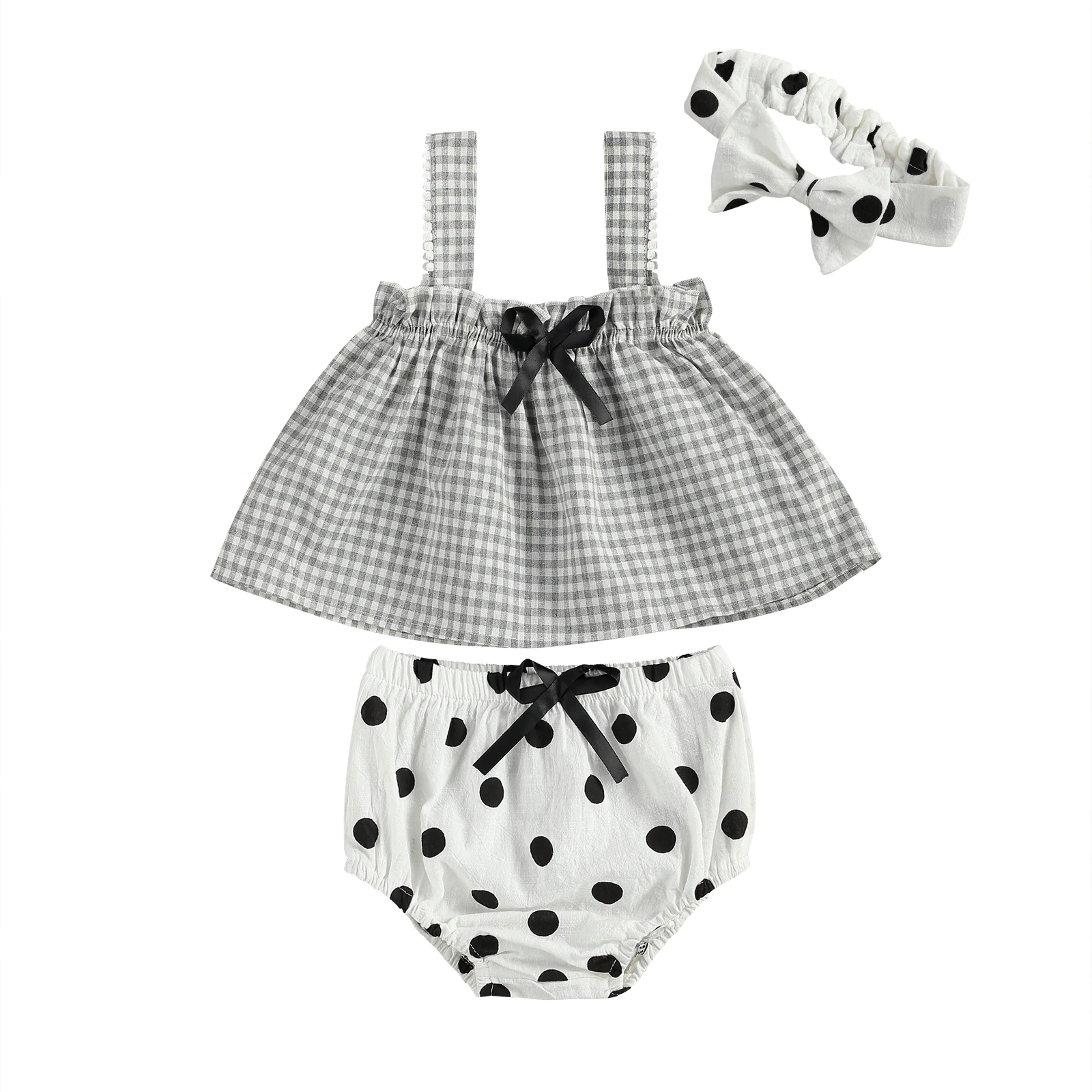 

lioraitiin 0-24M Newborn Infant 3Pcs Baby Girl Summer Outfits Plaid Square Collar Sleeveless Tank Tops Dot Elastic Waist Shorts