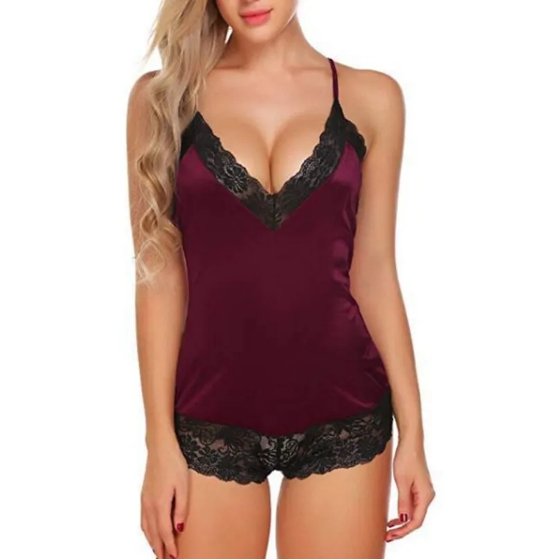 

Hot Selling 1Set Adult Women Sleepwear Satin Lace V-neck Eyelash Lace Solid Color Sexy Set Pajamas Lingerie Fast Shipping