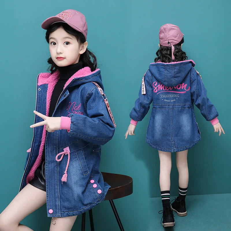 Girls Jackets Winter Thick Cowboy Coats Lamb Wool Children Outerwear Berber Fleece Girl Denim Long Jacket Kids | Детская одежда и