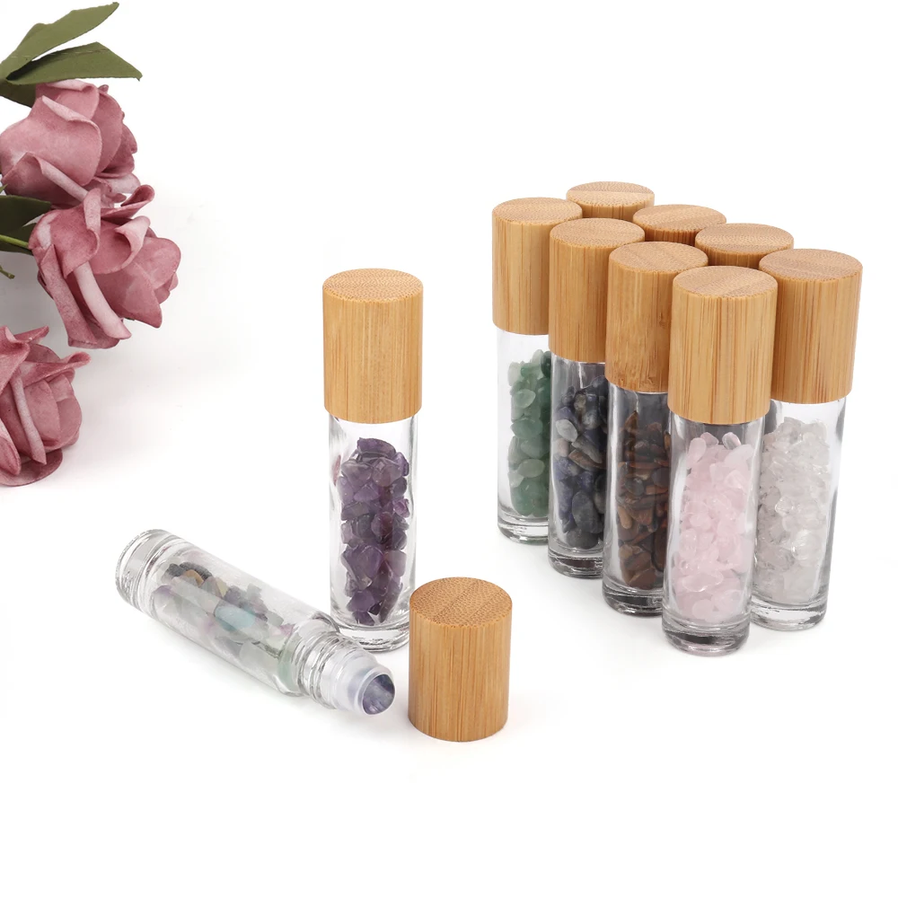 

5/10pcs 10ml Natural Gemstone Glass Roller Bottles Essential Oil Jade Roller Bottles Bamboo Cover Essential Oil Bottle