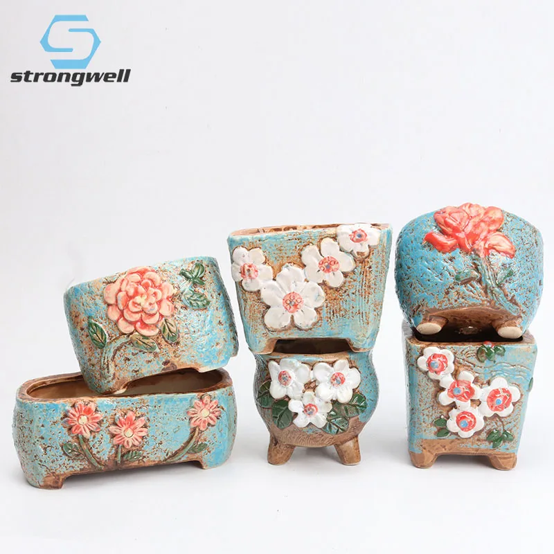 

Горшок для цветов ручной росписи, синий, для суккулентов, креативный винтажный керамический горшок ручной работы с тиснением для дома, балк...