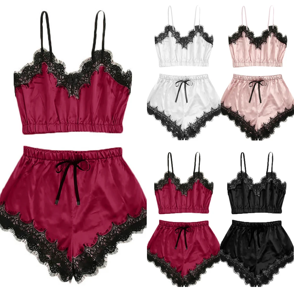 

Lingerie Set Sexy Lace Women Pajamas Set Thin Section Blackless Lingerie Imitated Silk Fabric Underwear Sleepwear