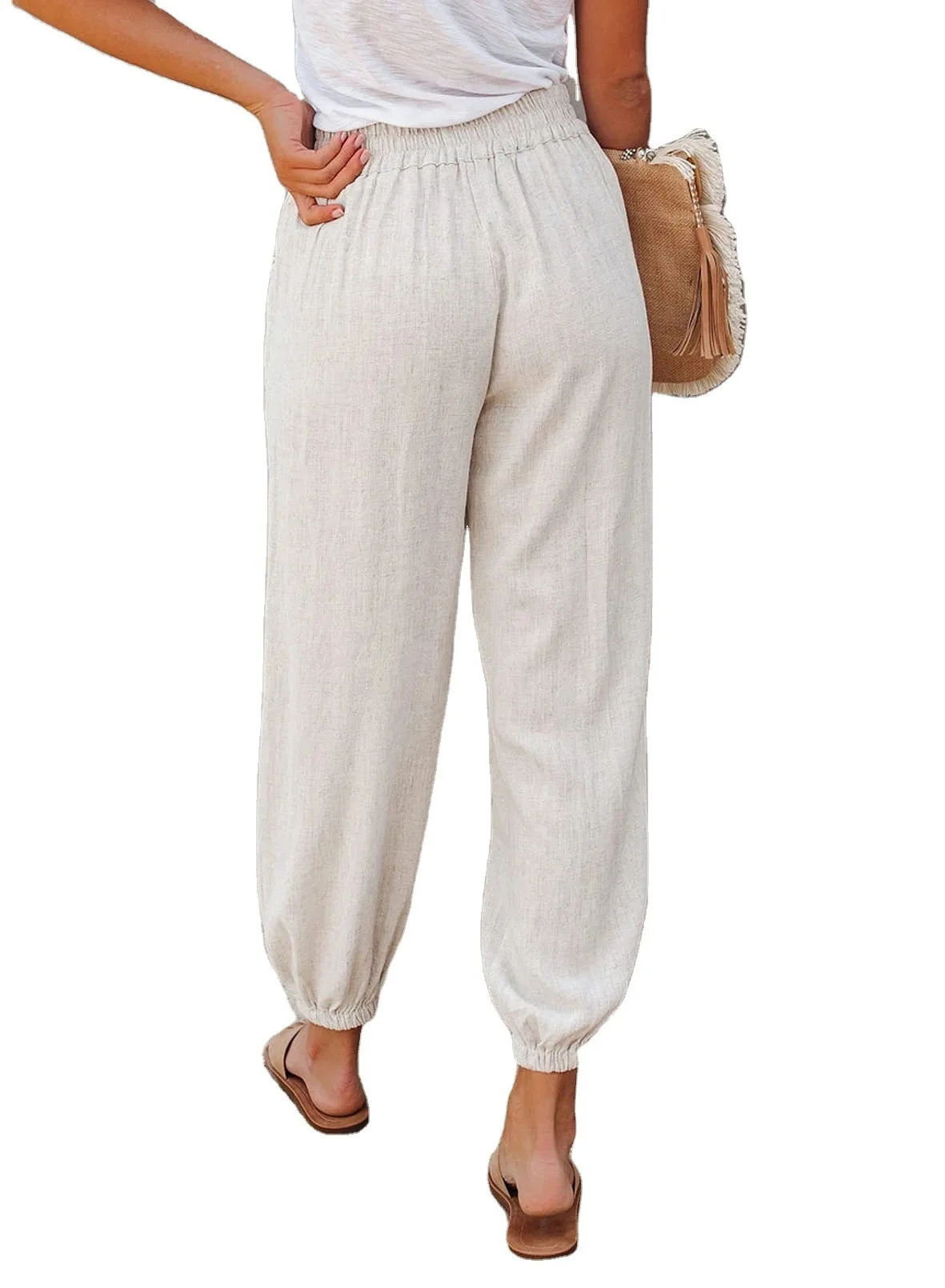 

2021 summer new solid color loose pocket high waist nine-point beam pants women