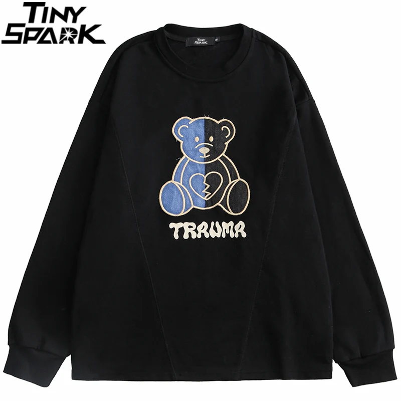 

2021 Men Hip Hop Streetwear Sweatshirt Pullover Embroidery Funny Bear Harajuku Pullover Autumn Cotton Casual Sweat Shirt Black