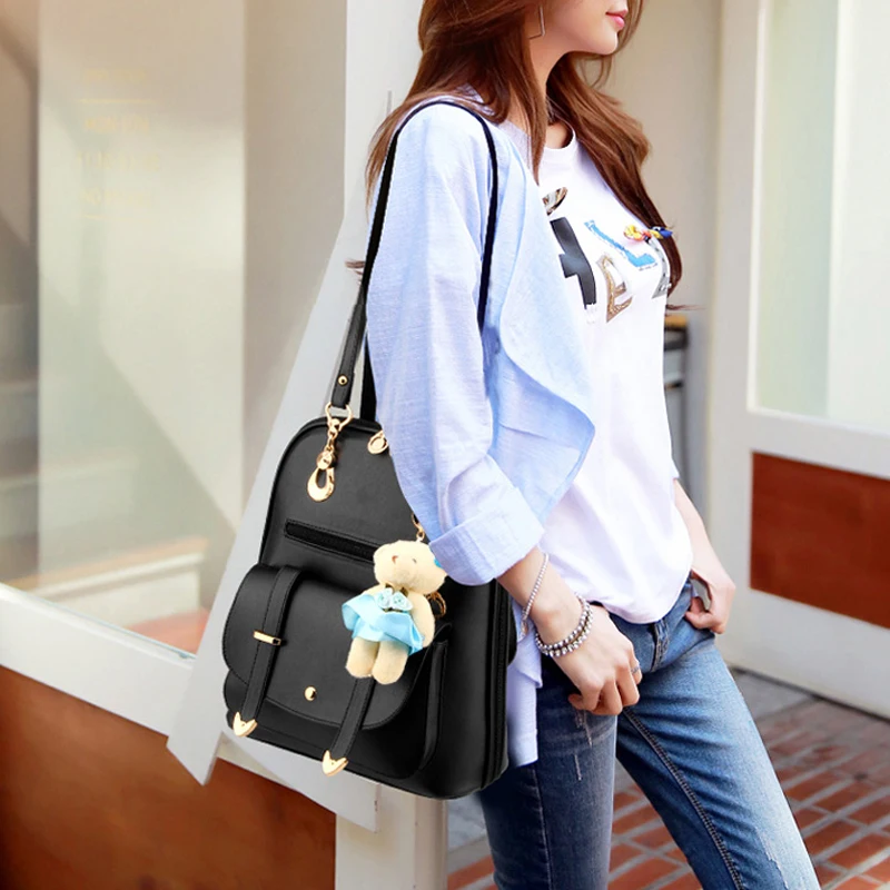 Preppy Style Women Backpack Bear Toys PU Leather Schoolbags For Teenage Girls Female Rucksack Shoulder   Bag Travel Knapsack