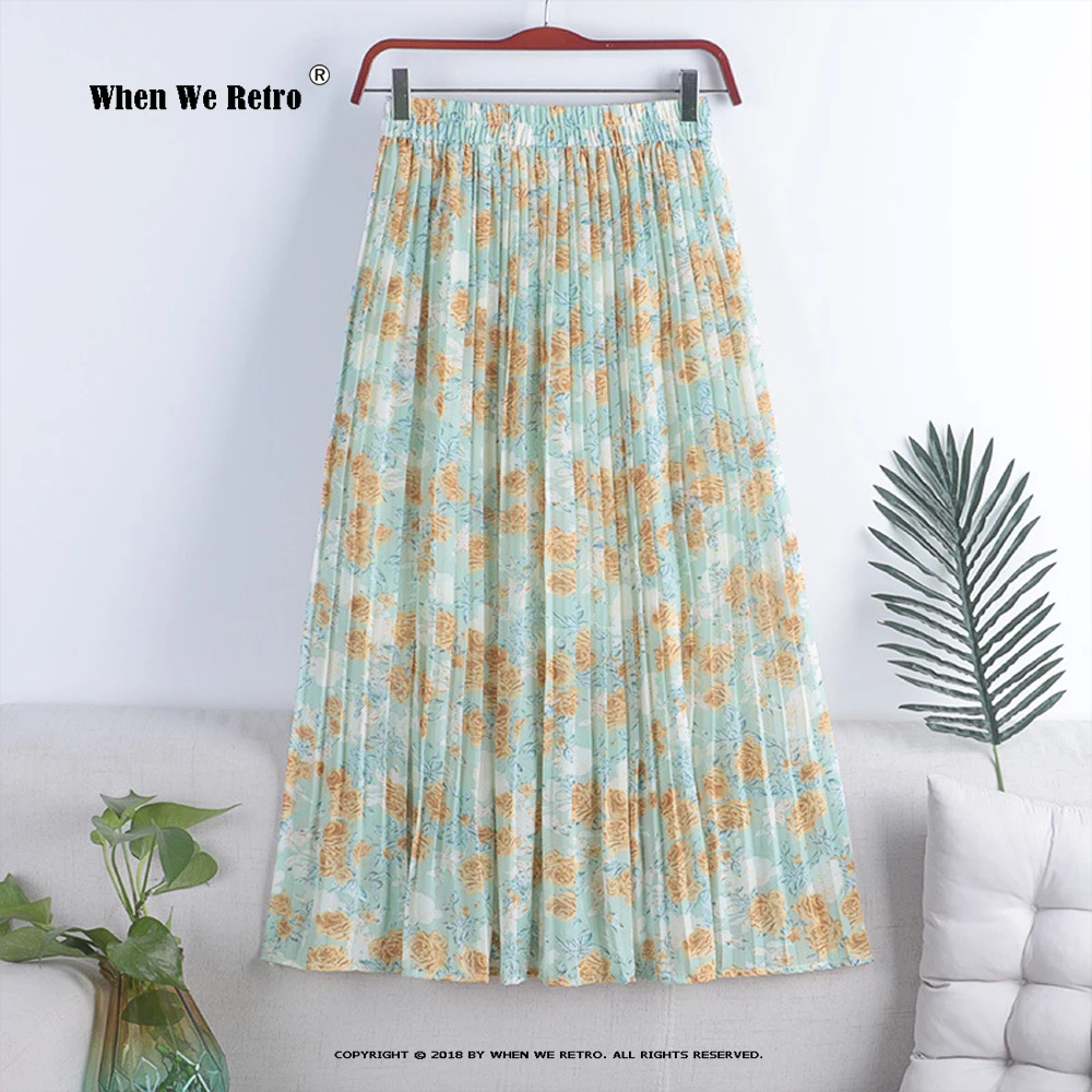 

2021 Holiday Beach Boho Long Maxi Skirt VD1820 High Waist Women Summer Floral Print Chiffon Pleated Midi Skirt