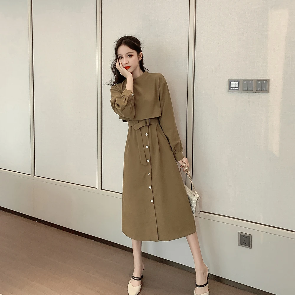 2019 Autumn Winter Dress Women Casual New Cotton Long Sleeve O-Neck Solid | Женская одежда
