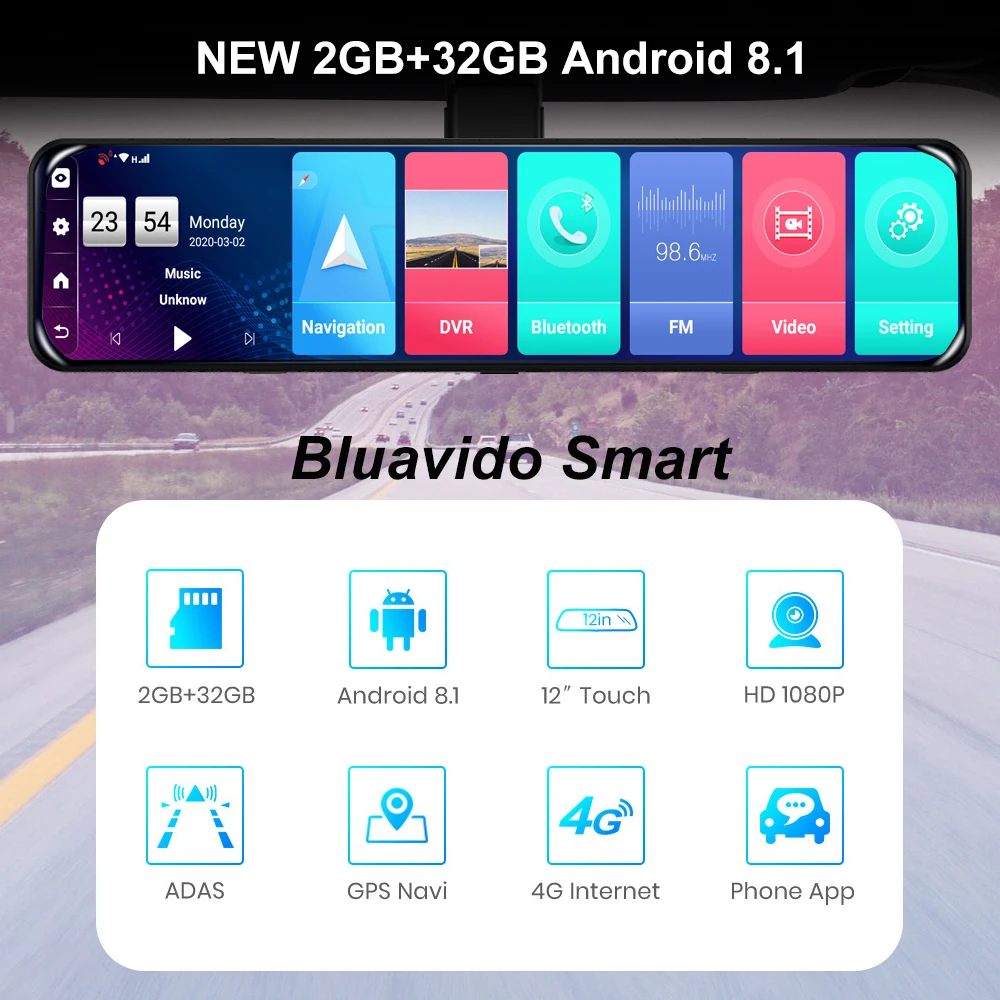 Автомобильный видеорегистратор Bluavido 12 дюймов ADAS 4G Full HD 8 1 P двойной Wi Fi IPS GPS