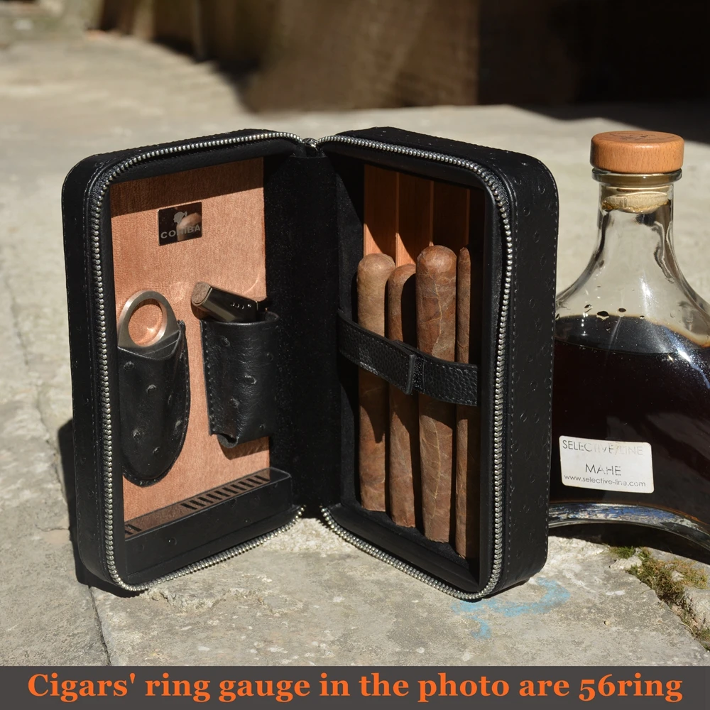 

Black Ostrich Grain Travel Cigar Humidor COHIBA Fit Cuba Habanos 4 Cigars Max 57ring With Cigar Jet Lighter Cigar Cutter