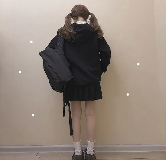Harajuku Kawaii аниме девушка с капюшоном Толстовка японский Винтаж милый черный флис толстовка с рисунком женский объемный пуловер