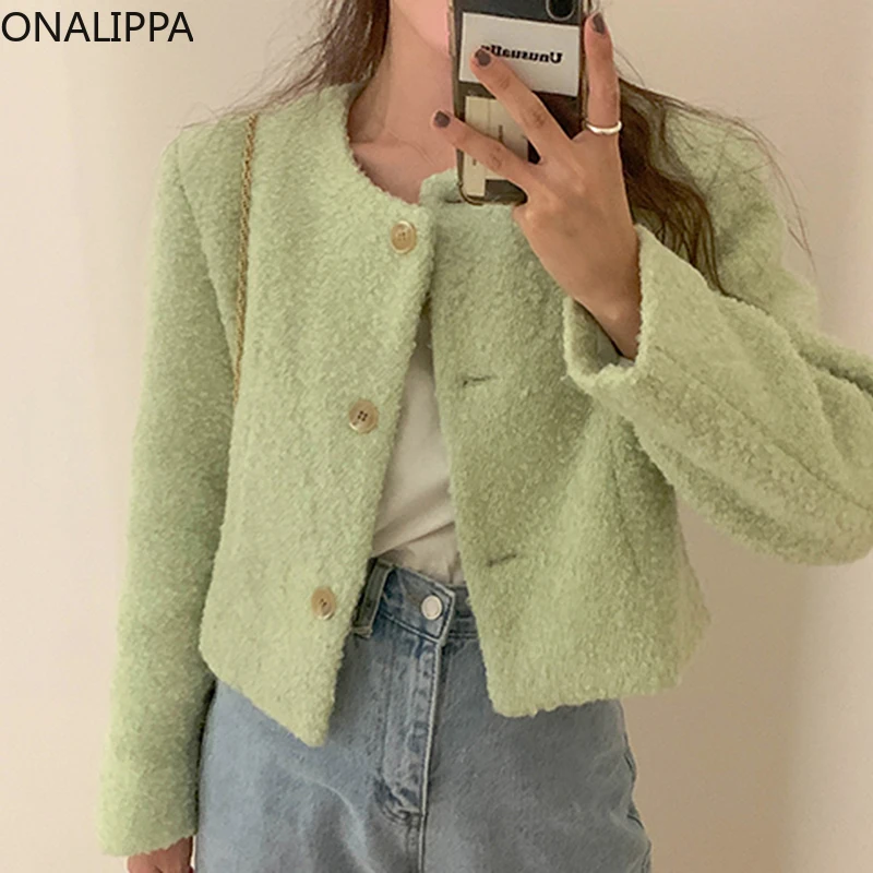 

Куртка ONALIPPA в Корейском стиле, шикарное элегантное короткое пальто из имитации овечьей шерсти с круглым вырезом, однобортное пальто свобод...