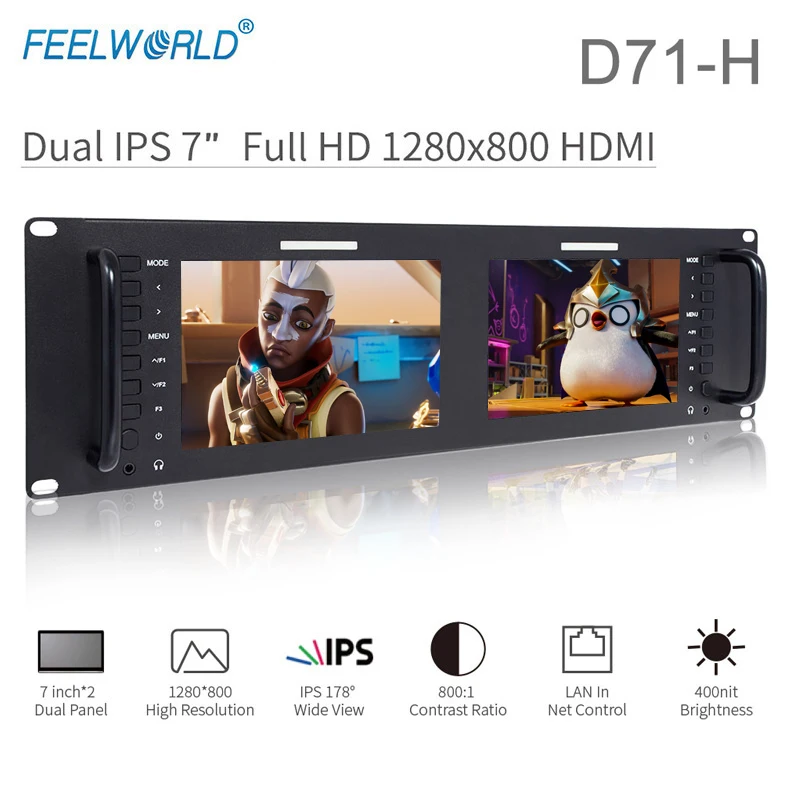 

Feelworld D71-H Dual 7 Inch 3RU IPS 1280 x 800 HDMI LCD Rack Mount Monitor Portable 2 Screens Broadcast Monitor