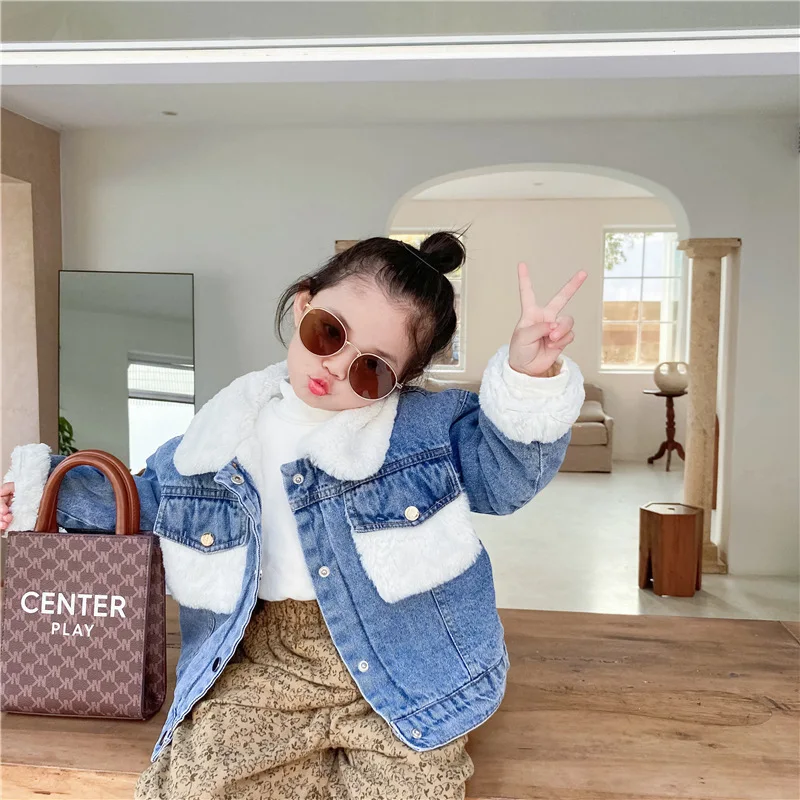 

2 3 4 5 6 Y Toddler Girls Winter Coats Fashion Plus Velvet Baby Denim Jacket Korean Thicken Warm Furry Denim Coats For Girls New