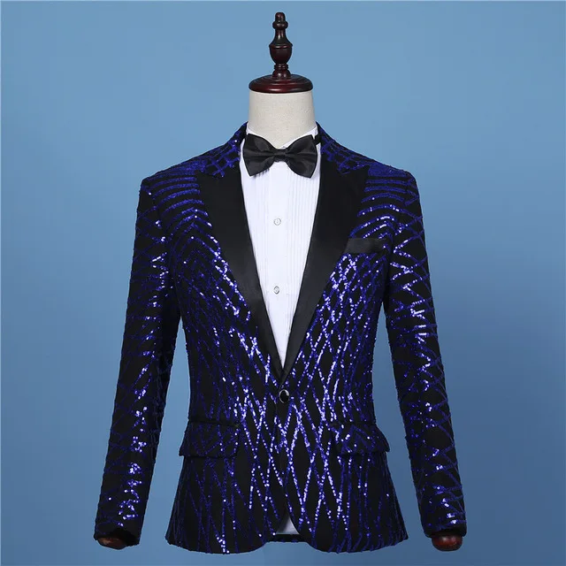 2020 Mens Fashion Black Royal Blue Geometry Sequins Blazer Stage Show DJ Bar Singers Slim Fit Suit Jackets Prom Costume Coat