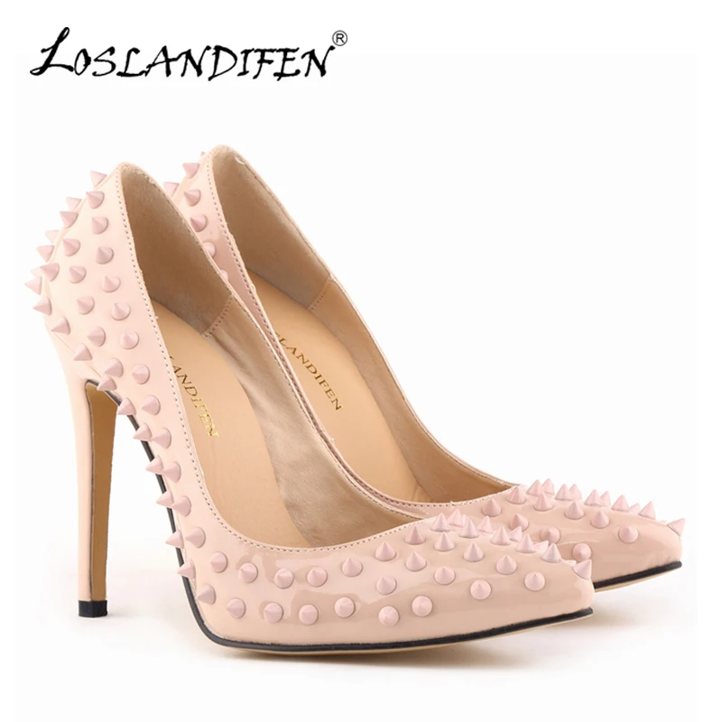 Женские туфли лодочки LOSLANDIFEN с заклепками модные острым носком на тонком каблуке