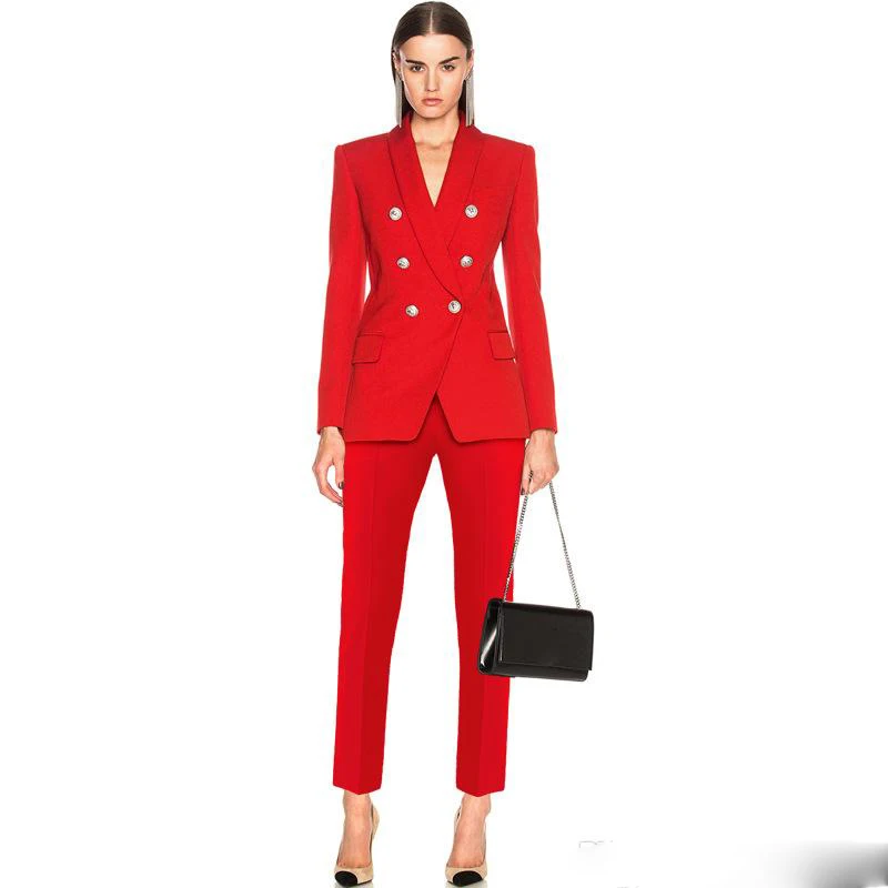 2021 New Designer Classic Women Pant Suit Golden Button Double Breasted Blazer Coat Slim Pants Female Office Business Blazer