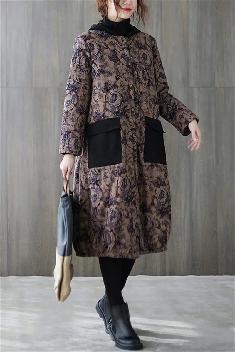 

Ethnic Style Cotton Jacket Coat Women's Mid-Length Autumn Winter Retro Hooded Printing Large Size Plus Velvet Warm Clothes y1055