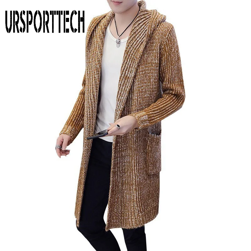 URSPORTTECH осенне зимний мужской длинный свитер Однотонный с капюшоном и длинным