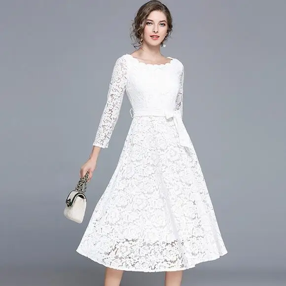 Белое кружевное платье для женщин осенне-зимние элегантные черные вечерние