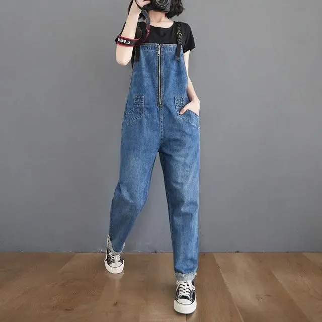 

Denim suspenders women's large size reduced 2021 spring new loose straight high waist large pocket one-piece pants