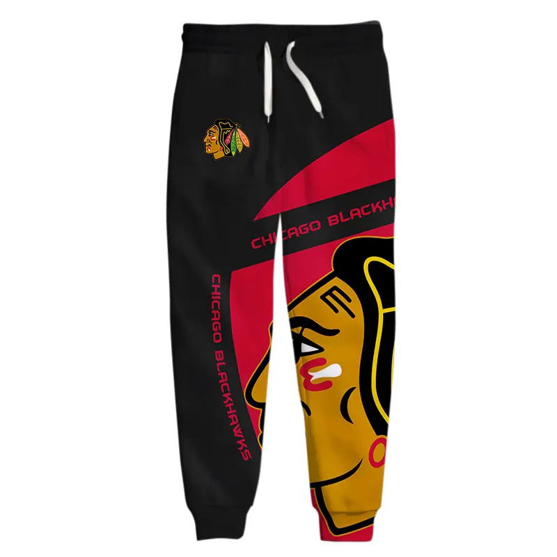 

Chicago men's Casual Pants Black Red Stitching Color Leaf Print Blackhawks Sweatpants