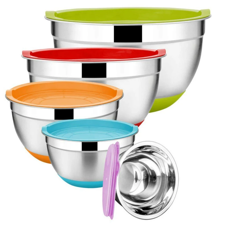 1pcs Stainless Steel Mixing Bowl Silicone Bottom Baking Egg Bowl With Lid Stainless Steel Salad Pot Storage Fruit Bowls