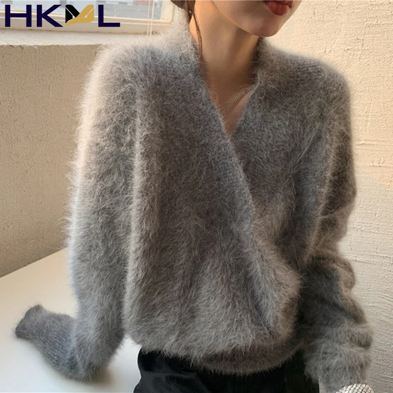 

Women Color High Quality Long-Sleeve Furry Knit Jumper Fashion New Light Luxury Soft V-neck Mink Cashmere Sweater Winter