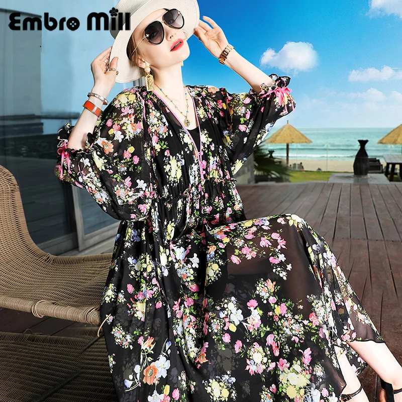 Летнее Новое высококачественное шелковое платье уличный стиль v образный вырез