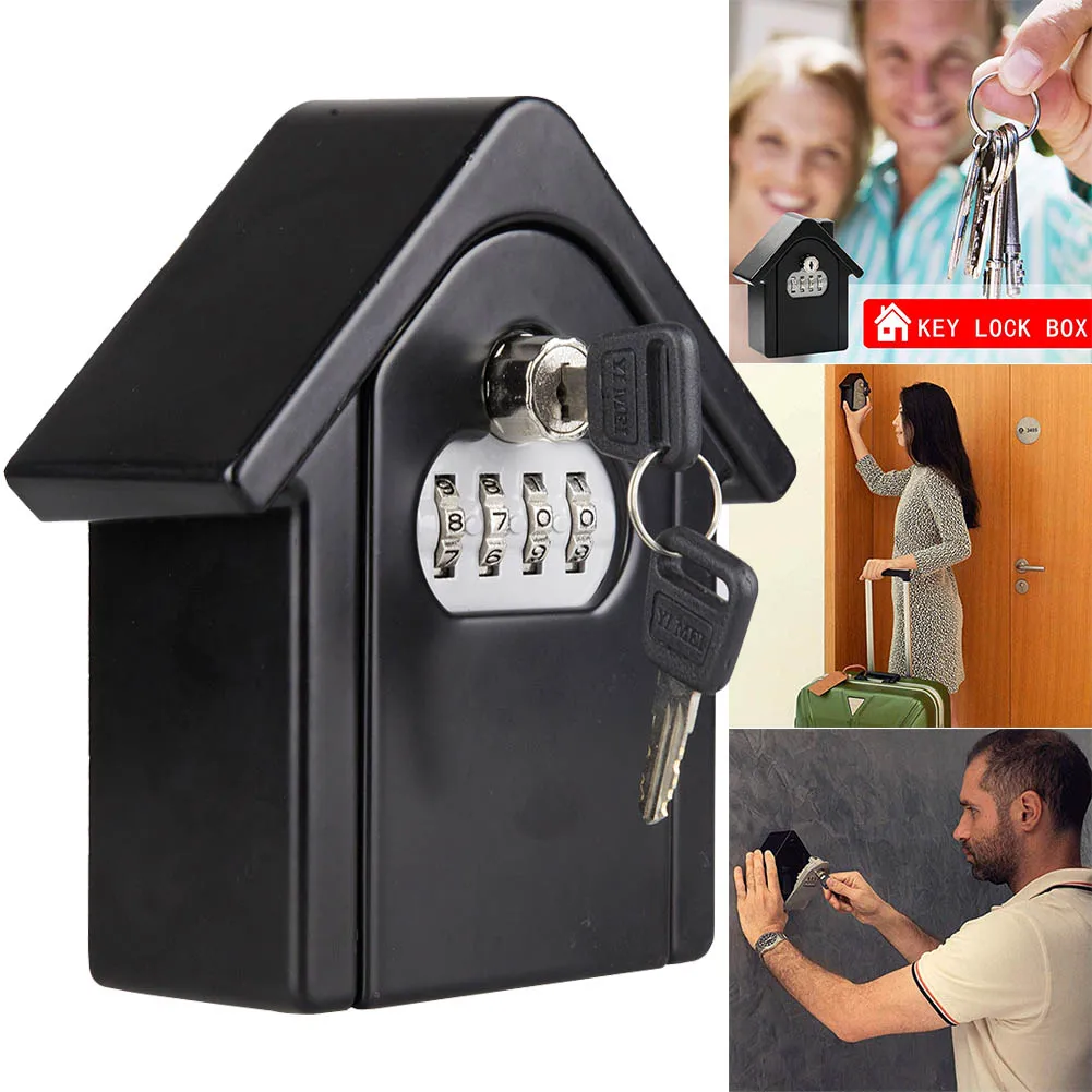 

Черный настенный Сейф для ключей, Сейф из алюминиевого сплава с 4-значным комбинированным паролем и ключом для домашнего хранения ключей
