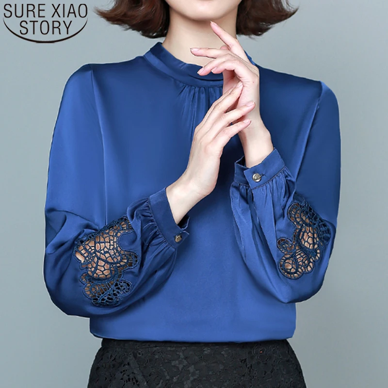 

Satin Blouse Solid Pullover Shirt Women Elegant Hollow Blouse Women Autumn 2021 Office Lady Lantern Long Sleeve Women Tops 11088