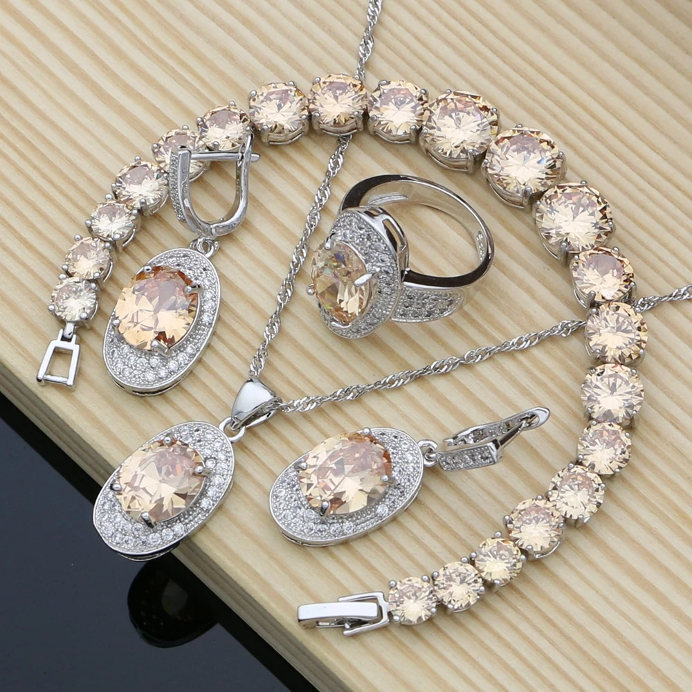 

Bridal Champagne CZ Stone Costume Jewelry Sets 925 Silver Jewelry For Women Earrings And Rings Lover Gifts 4 pcs