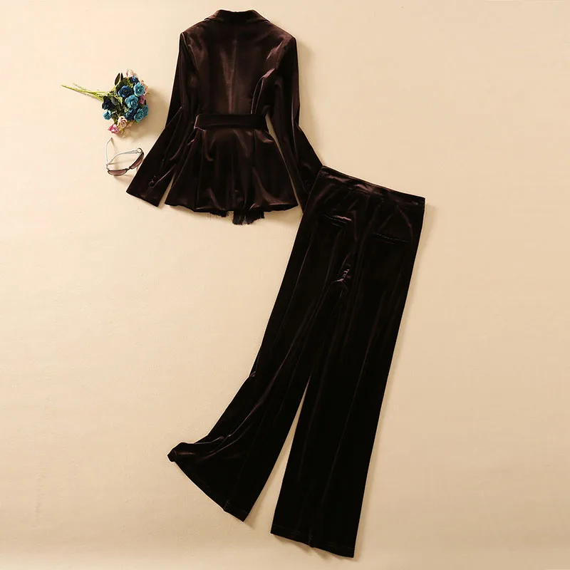 

Quality Women's Top Set 2021 Spring Autumn Blazer Set Women Tassel Belt Blazer Coat+Full Length Soft Velour Pant Sets Female