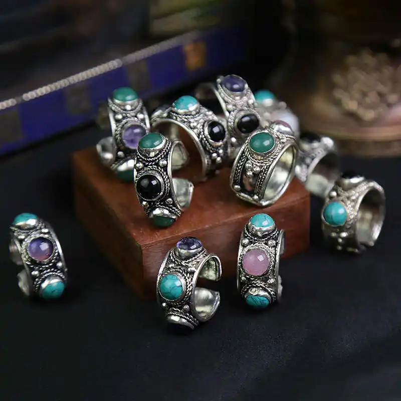 Тибетские металлические кольца инкрустированные многокаменные бусины Открытое
