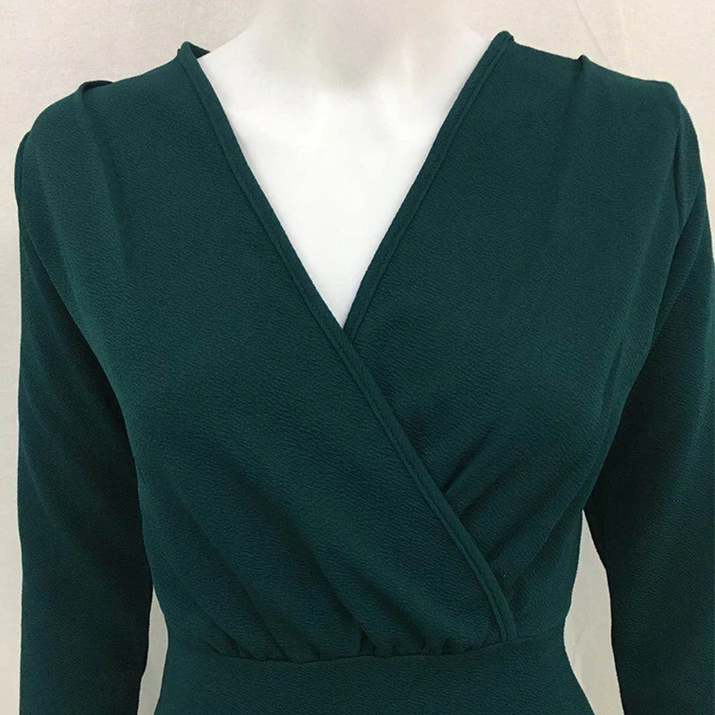 Однотонное сексуальное осеннее платье с v образным вырезом и высокой талией