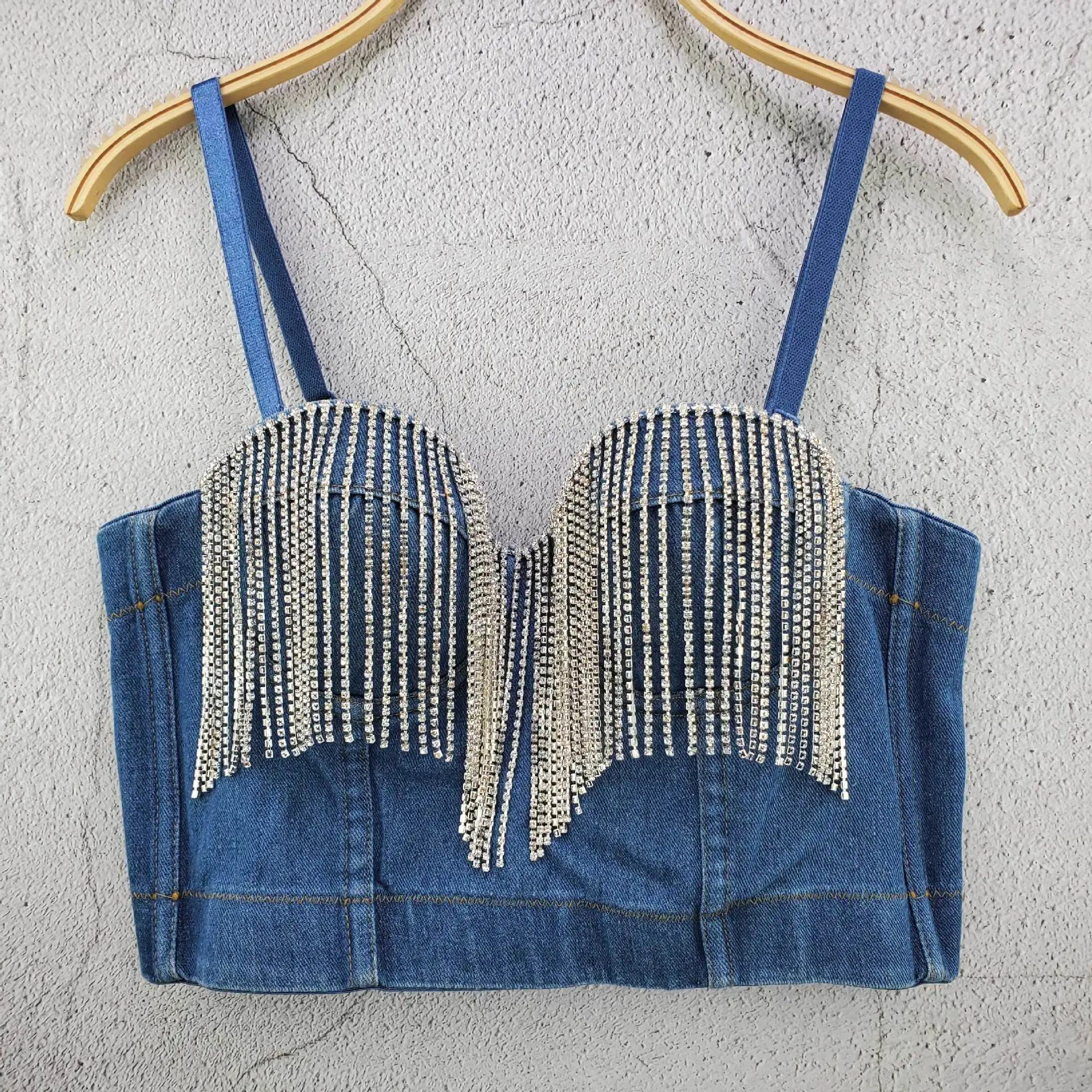 

Women Sexy Designer Beading Denim Crystal Tassel Cotton Camisole Tops Summer 2021 High Street Punk Style Short Camis Crop Tops