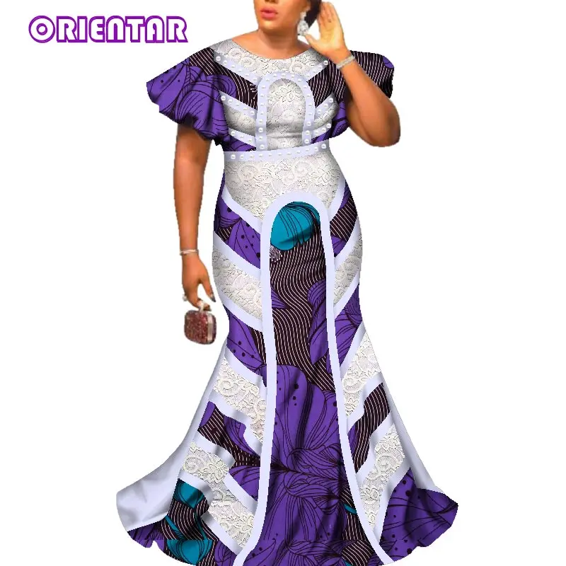 Elegant Lady African Print Maxi Dresses Women Bazin Riche Lace O-neck Dashiki African Traditional Dress Robe Africaine WY2586