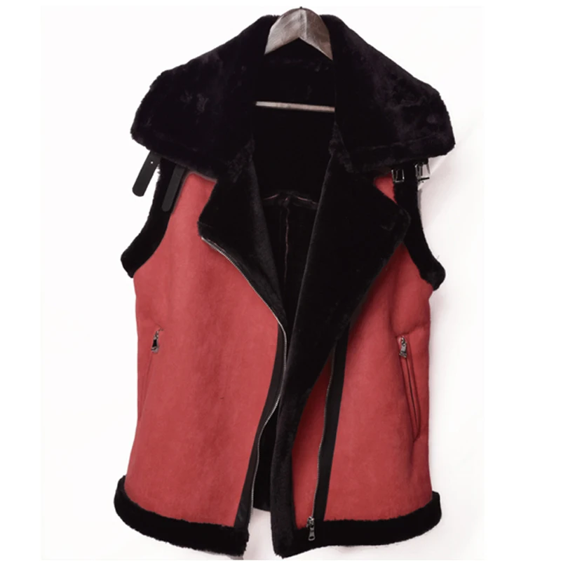 Autumn and Winter Women Lamb Fur Leather Vest Coats Sleeveless Automotive Overcoats Faux Fur Women Clothing Spring A315