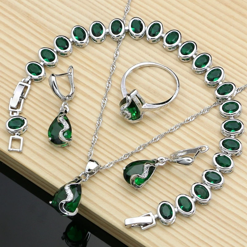 

Luxury 925 Silver Jewelry Sets Natural Green Emerald White Crystal Drop Jewelry Sets Women Anniversary Dropshipping
